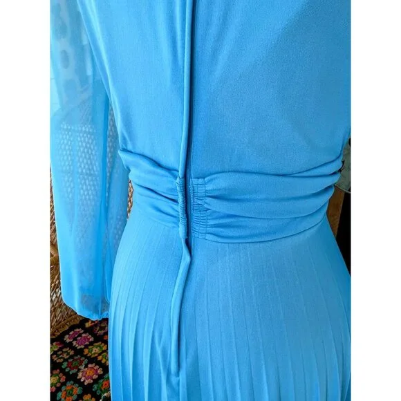 Vintage 1970s Blue Dressy Maxi Dress Pleated Skirt Rhinestone Pearls Size M - Picture 6 of 16